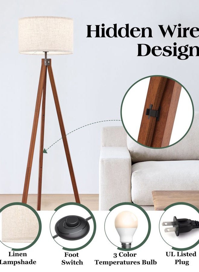 ELYONA Solid Wood Tripod Floor Lamp with 3 Color Temperatures LED Bulb, Mid Century Modern Reading Standing Light Nature Linen Shade Tall Night Light for Bedroom Living Room Office Study Room, Brown - Image 4