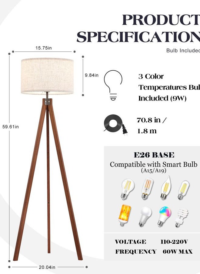 ELYONA Solid Wood Tripod Floor Lamp with 3 Color Temperatures LED Bulb, Mid Century Modern Reading Standing Light Nature Linen Shade Tall Night Light for Bedroom Living Room Office Study Room, Brown - Image 5