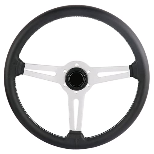 YEHICY 14 inch/350mm Genuine Leather Steering Wheel with Silver Spokes Flat Drift Racing Steering Wheel White Stitching - Image 2