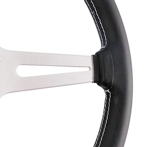 YEHICY 14 inch/350mm Genuine Leather Steering Wheel with Silver Spokes Flat Drift Racing Steering Wheel White Stitching - Image 3