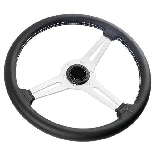 YEHICY 14 inch/350mm Genuine Leather Steering Wheel with Silver Spokes Flat Drift Racing Steering Wheel White Stitching - Image 1