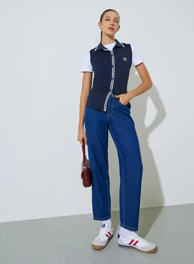 Styli Navy Blue Embroidered Sleeveless Knit Polo Top