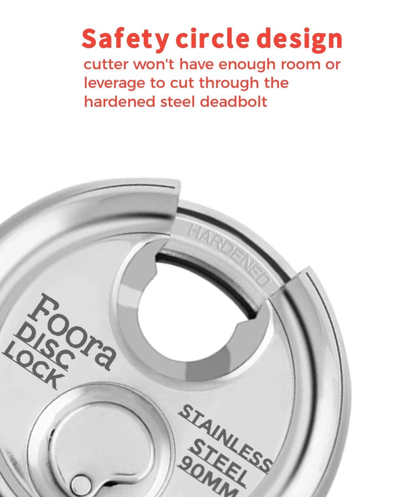 Foora Stainless Steel, Hardened Shackle, Glossy Rust Resistance Disc 90mm Door Polished Steel Lock with with 4 Hi-Tech Brass Separate Keys (Silver) Home Improvement Iterm, Shutter Lock - Image 3