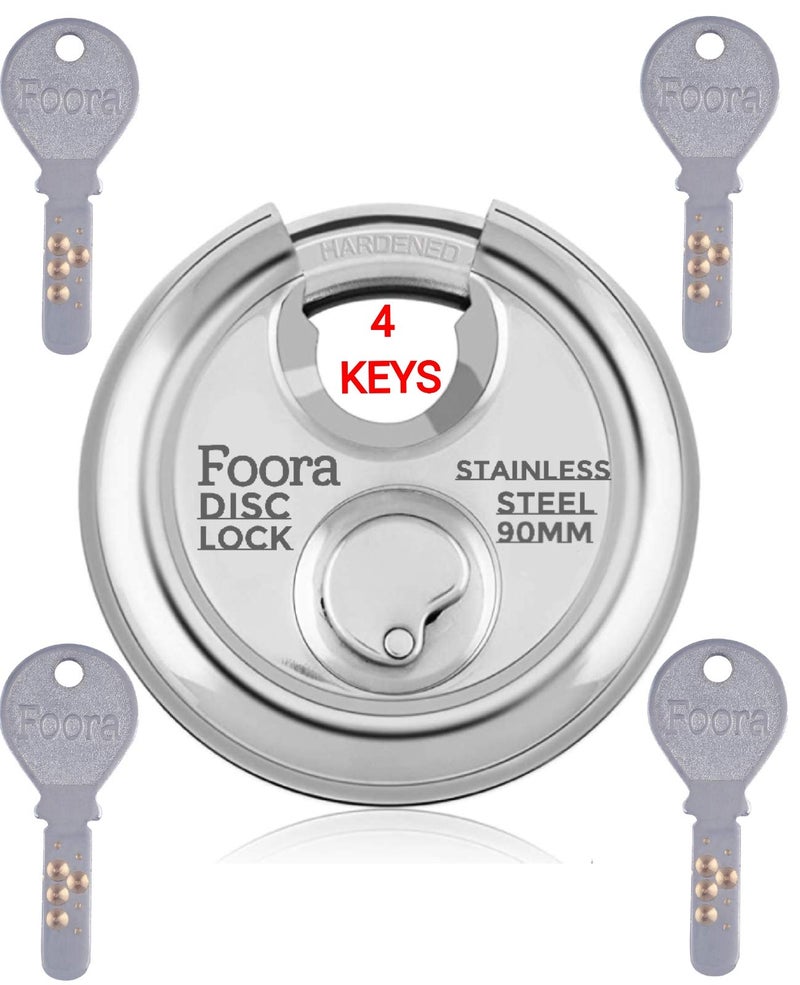 Foora Stainless Steel, Hardened Shackle, Glossy Rust Resistance Disc 90mm Door Polished Steel Lock with with 4 Hi-Tech Brass Separate Keys (Silver) Home Improvement Iterm, Shutter Lock - Image 1
