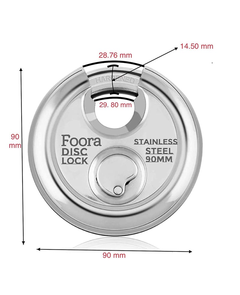 Foora Stainless Steel, Hardened Shackle, Glossy Rust Resistance Disc 90mm Door Polished Steel Lock with with 4 Hi-Tech Brass Separate Keys (Silver) Home Improvement Iterm, Shutter Lock - Image 5