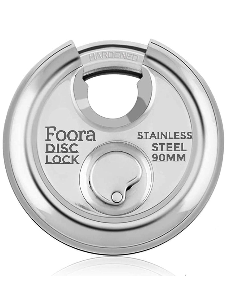 Foora Stainless Steel, Hardened Shackle, Glossy Rust Resistance Disc 90mm Door Polished Steel Lock with with 4 Hi-Tech Brass Separate Keys (Silver) Home Improvement Iterm, Shutter Lock - Image 2