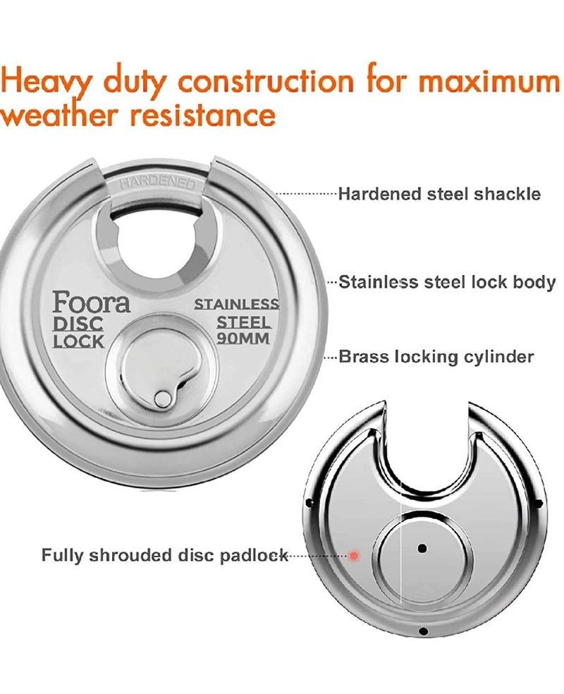 Foora Stainless Steel, Hardened Shackle, Glossy Rust Resistance Disc 90mm Door Polished Steel Lock with with 4 Hi-Tech Brass Separate Keys (Silver) Home Improvement Iterm, Shutter Lock - Image 4