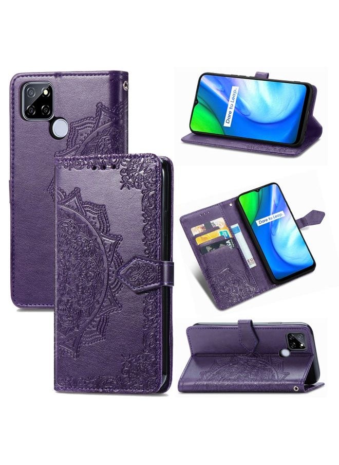 HuHa Case Cover For Realme V3 Mandala Flower Embossed Horizontal Flip Leather Case with Holder & Three Card Slots & Wallet & Lanyard Purple 