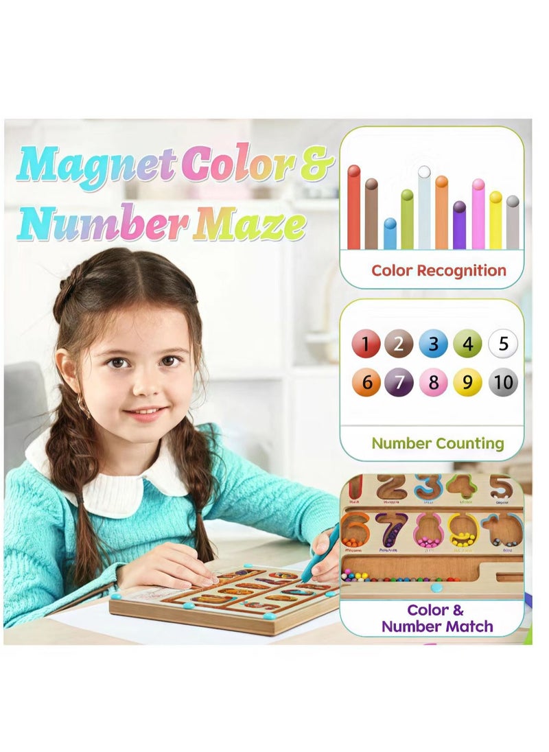 FLYHSO - Wooden magnetic maze, suitable for young children, magnetic color and number maze, Montessori wooden color matching learning counting puzzle board, counting matching activity fine motor skills toy for children - Image 1