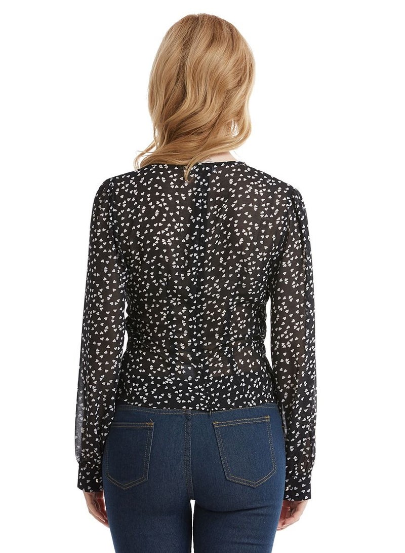 إسكدنيا Women's V-Neck Long Sleeve Top Dot Print Chiffon Blouse With Ribbon Black/White  - Image 3