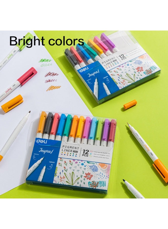 Deli EU302 Dual Tip Pigment Liner Drawing Pen 12-Piece - Image 2