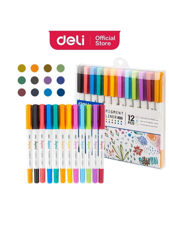 Deli EU302 Dual Tip Pigment Liner Drawing Pen 12-Piece - Image 1