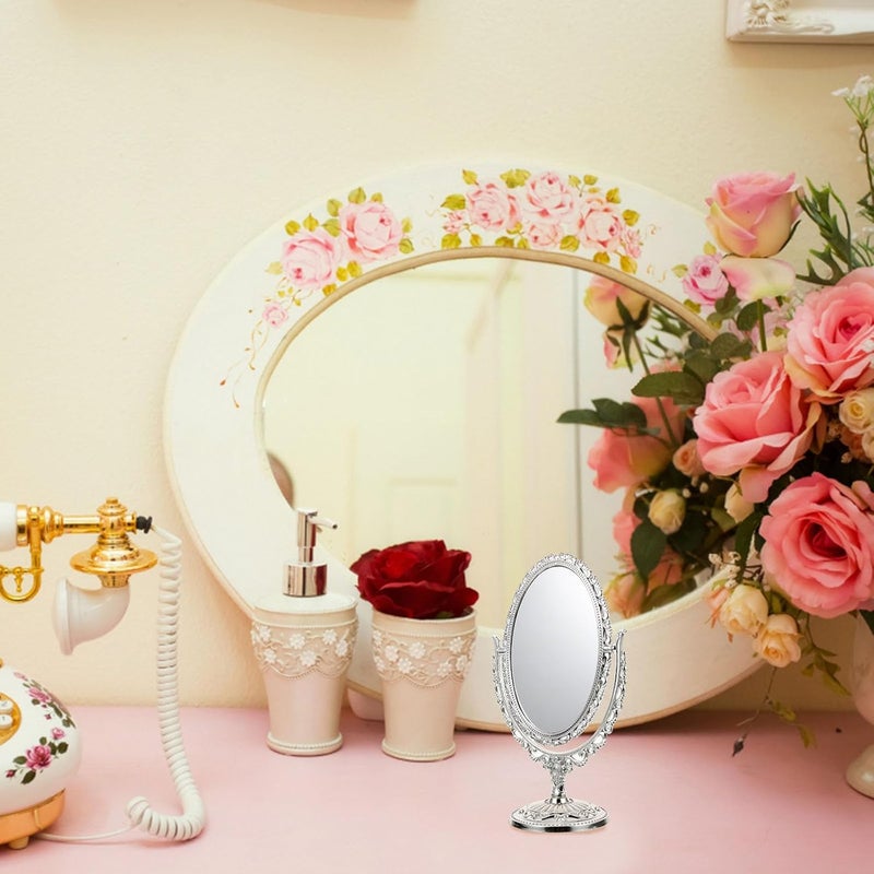 European Style Cosmetic Makeup Mirror, Double Sided Oval Desktop Vanity Mirror with Silver Frame, Retro Design for Bathroom and Bedroom Use - Image 4