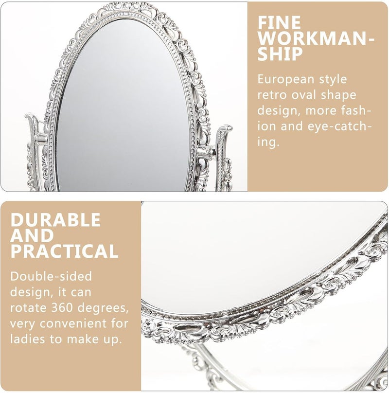 European Style Cosmetic Makeup Mirror, Double Sided Oval Desktop Vanity Mirror with Silver Frame, Retro Design for Bathroom and Bedroom Use - Image 2