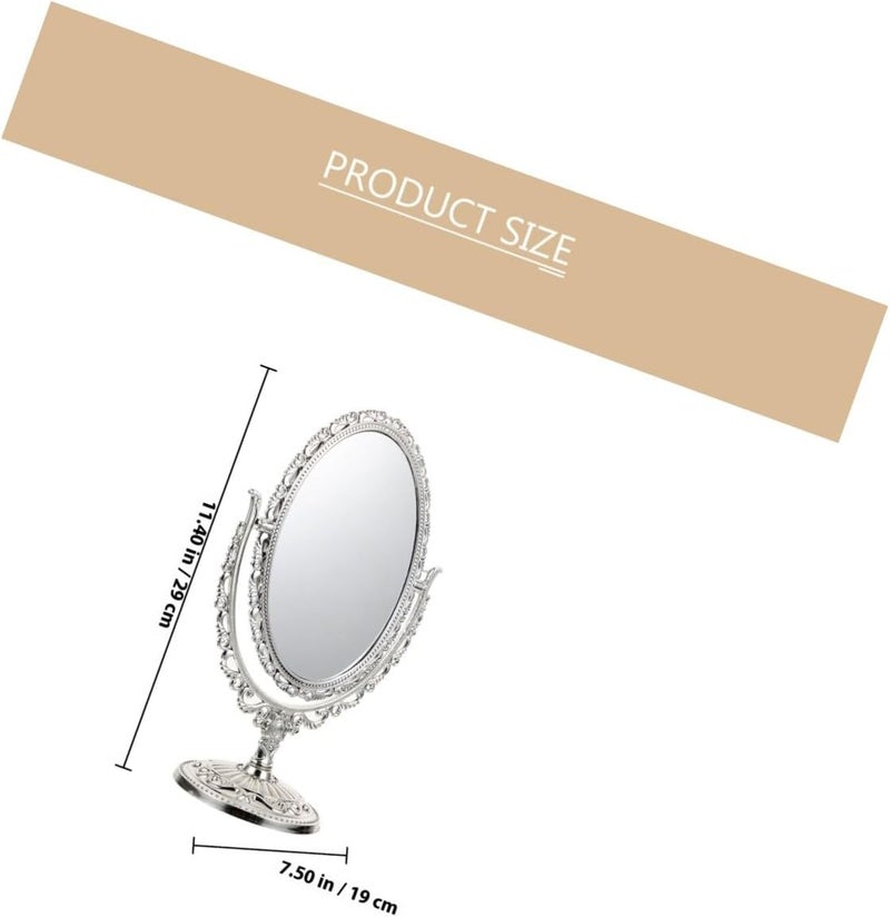 European Style Cosmetic Makeup Mirror, Double Sided Oval Desktop Vanity Mirror with Silver Frame, Retro Design for Bathroom and Bedroom Use - Image 1