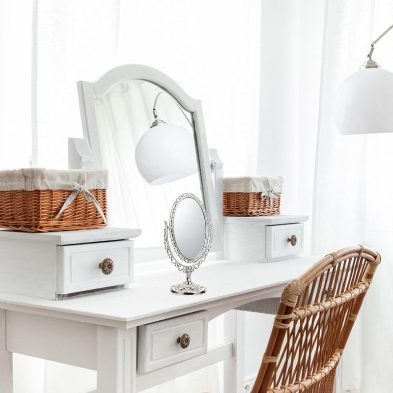 European Style Cosmetic Makeup Mirror, Double Sided Oval Desktop Vanity Mirror with Silver Frame, Retro Design for Bathroom and Bedroom Use - Image 3