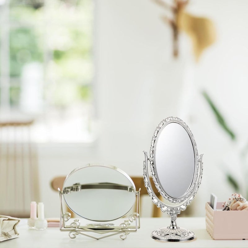 European Style Cosmetic Makeup Mirror, Double Sided Oval Desktop Vanity Mirror with Silver Frame, Retro Design for Bathroom and Bedroom Use - Image 5