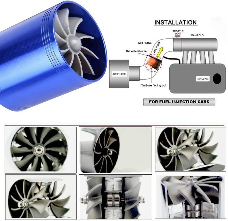 woobles Air Intake Turbo, Car Air Intake Turbonator Dual Fan Turbine Super Charger Gas Fuel Saver Turbo(Blue) - Image 4