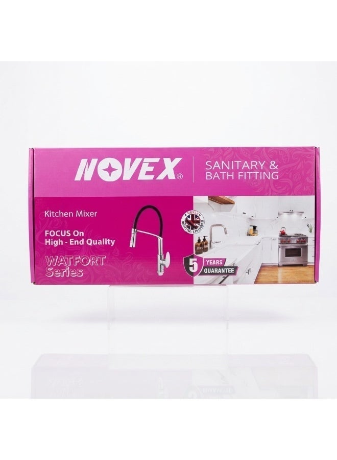 NOVEX NSBF-WF211 Watford Series Kitchen Sink Mixer, Chrome Body Black Flexible Spout, 360 Degree Swivel, Hot Cold Water, Ceramic Cartridge - Image 4