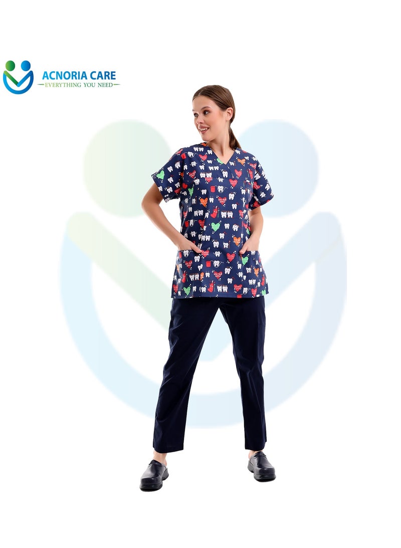 ACNORIA CARE Women's Printed Medical Scrubs Consisting Of Two Pieces Blouse And Pants 65% Polyester, 35% Cotton Blue Color - Size M - From Acnoria Care  - Image 1