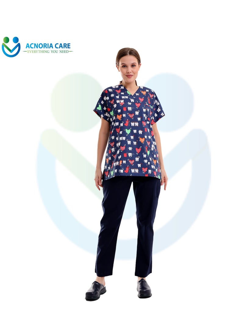 ACNORIA CARE Women's Printed Medical Scrubs Consisting Of Two Pieces Blouse And Pants 65% Polyester, 35% Cotton Blue Color - Size M - From Acnoria Care  - Image 5