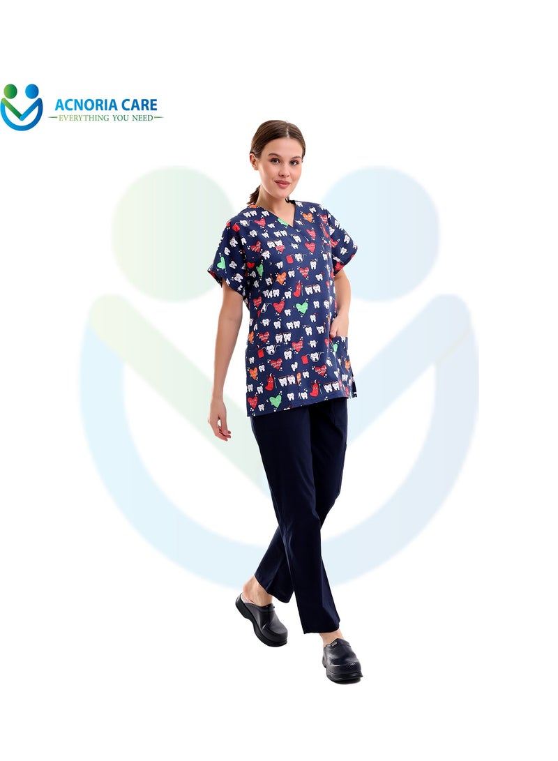 ACNORIA CARE Women's Printed Medical Scrubs Consisting Of Two Pieces Blouse And Pants 65% Polyester, 35% Cotton Blue Color - Size M - From Acnoria Care  - Image 4
