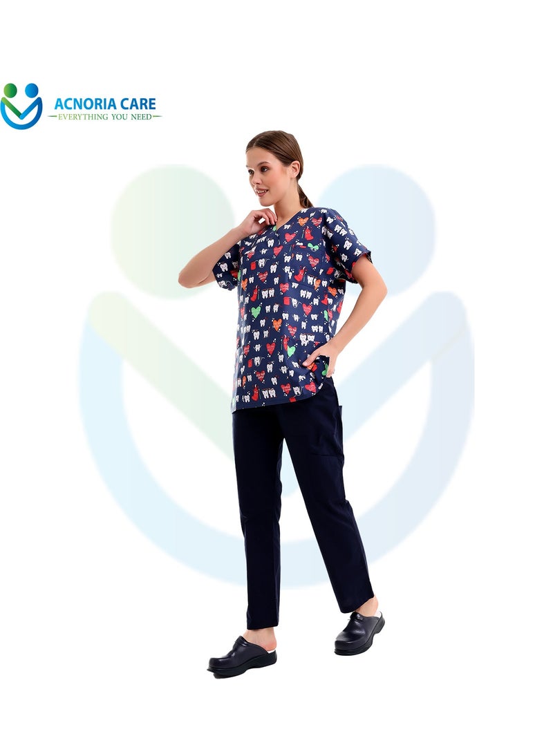 ACNORIA CARE Women's Printed Medical Scrubs Consisting Of Two Pieces Blouse And Pants 65% Polyester, 35% Cotton Blue Color - Size M - From Acnoria Care  - Image 3