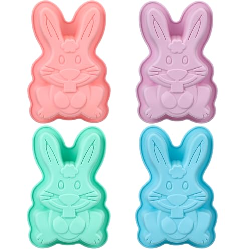 SiliFine 4 Packs Easter Silicone Molds Bunny Cake Pans Bunny Chocolate Molds Cute Rabbit Baking Pans Nonstick Silicone Trays for Baking Easter Day Party Baby Shower Birthday Cake Desserts Giant Gummy - Image 1