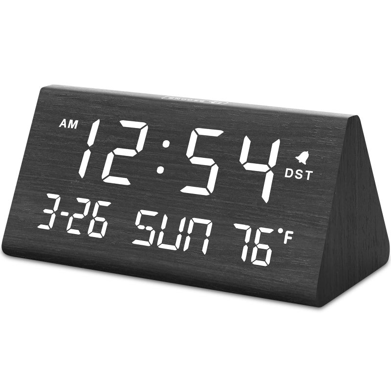 DreamSky Digital Alarm Clocks for Bedrooms Wooden Desk Clock with Date Day of Week USB Port Temperature Dimmer for Bedside Table Living Room Office Adjustable Volume Auto DST Wood Decor