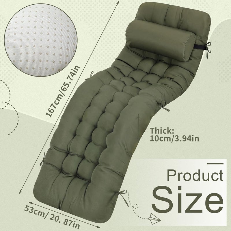 Tudomro 1 Pcs Olive Green 66'' Outdoor Chaise Lounge Cushion Waterproof Patio Lawn Pool Chaise Lounge Cushion with Headrest Pillow & Ties Weather Fade Resistant Replacement Longue Chair Pad - Image 2