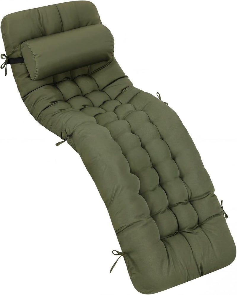 Tudomro 1 Pcs Olive Green 66'' Outdoor Chaise Lounge Cushion Waterproof Patio Lawn Pool Chaise Lounge Cushion with Headrest Pillow & Ties Weather Fade Resistant Replacement Longue Chair Pad - Image 1