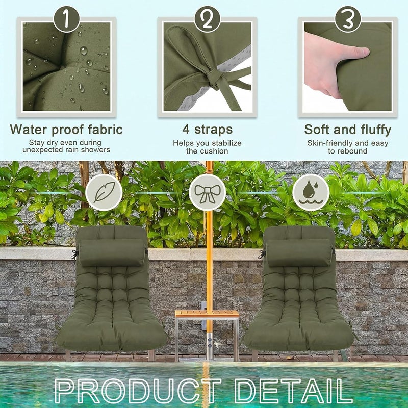Tudomro 1 Pcs Olive Green 66'' Outdoor Chaise Lounge Cushion Waterproof Patio Lawn Pool Chaise Lounge Cushion with Headrest Pillow & Ties Weather Fade Resistant Replacement Longue Chair Pad - Image 4