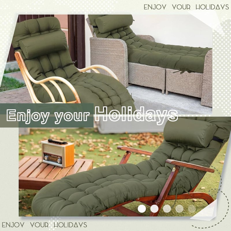 Tudomro 1 Pcs Olive Green 66'' Outdoor Chaise Lounge Cushion Waterproof Patio Lawn Pool Chaise Lounge Cushion with Headrest Pillow & Ties Weather Fade Resistant Replacement Longue Chair Pad - Image 5