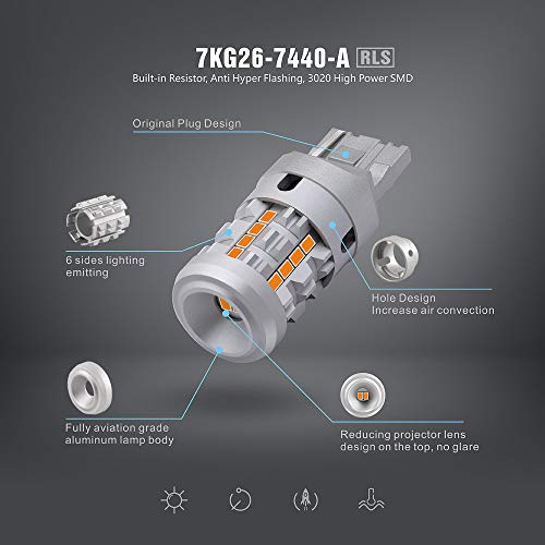 SIR IUS LED RLS 7440 7440A Built in Resistor Anti Hyper flashing LED Bulb Turn Signal Light Amber Orange Color Full Aluminum Body Single Filament Error Free Pack of 2 - Image 4
