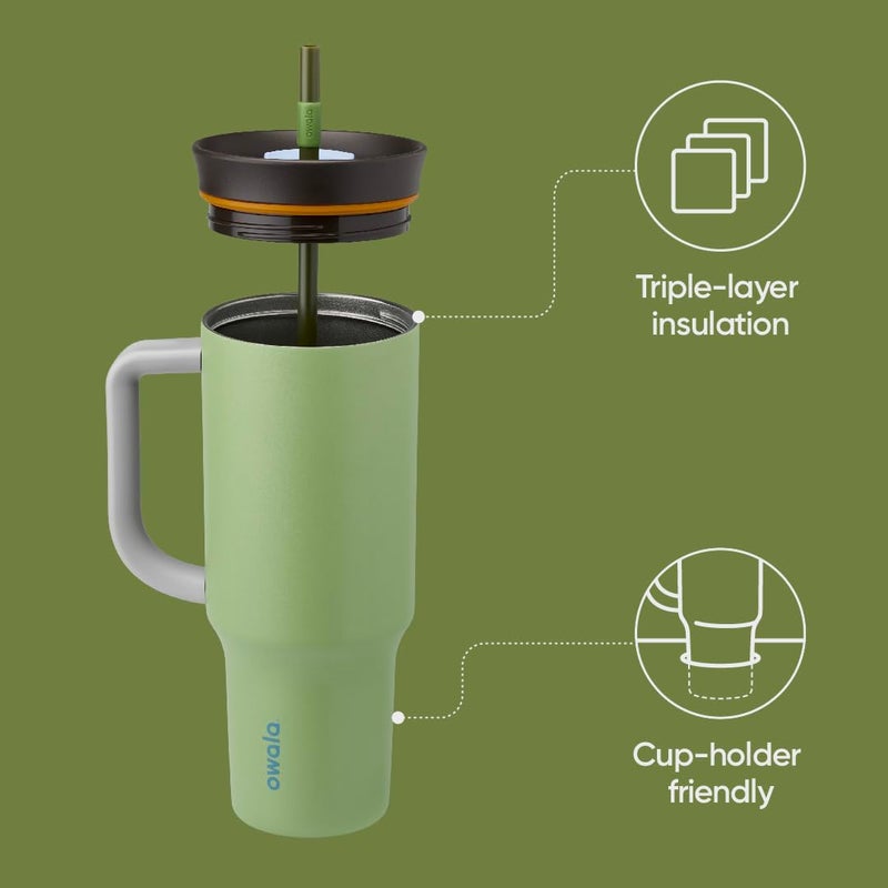 Owala Owala Stainless Steel Triple Layer Insulated Travel Tumbler with Spill Resistant Lid  Straw  and Carry Handle  BPA Free  40 oz  Green (Brave Adventures)  - Image 2