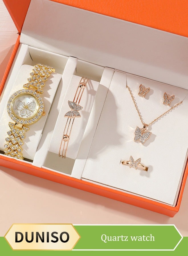 DUNISO 5 Pieces of Rhinestone watch set, women's butterfly inlaid diamond quartz watch, alloy watch,with earring bracelet necklace ring, diamond decoration design, gold - Image 1