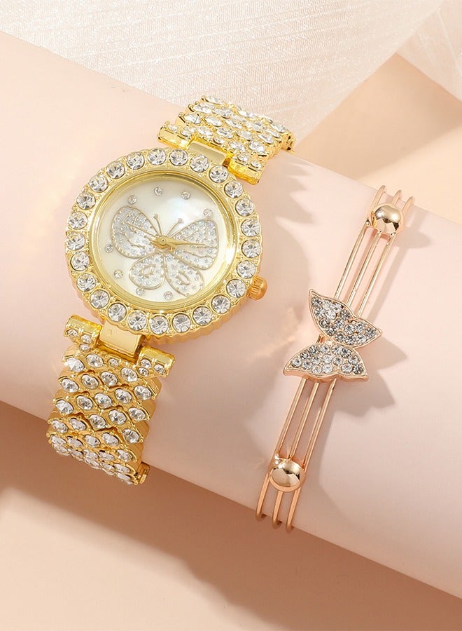 DUNISO 5 Pieces of Rhinestone watch set, women's butterfly inlaid diamond quartz watch, alloy watch,with earring bracelet necklace ring, diamond decoration design, gold - Image 2