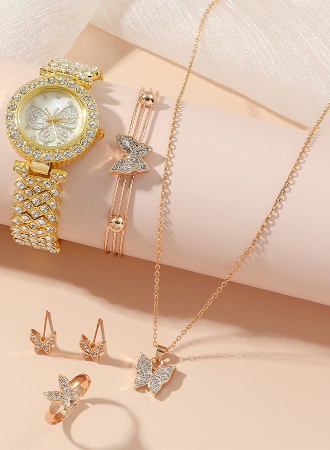 DUNISO 5 Pieces of Rhinestone watch set, women's butterfly inlaid diamond quartz watch, alloy watch,with earring bracelet necklace ring, diamond decoration design, gold - Image 4