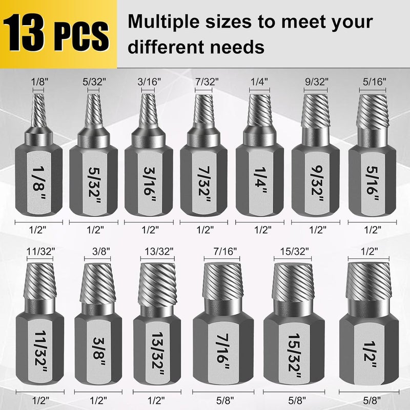 Topec Easy Out Screw Extractor Set 13-Piece, Multi-Spline Easy Out Bolt Extractor Kit, CR-MO Steel Hex Head Remover for Stripped, Broken, Rounded, Rusted Bolts, Screws and Nuts - Image 3