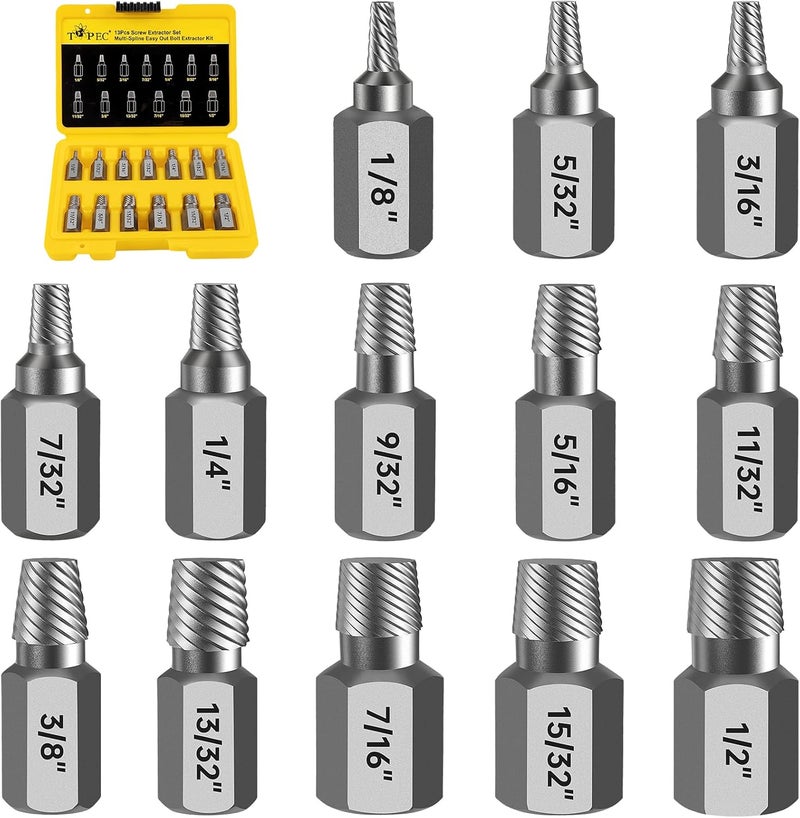 Topec Easy Out Screw Extractor Set 13-Piece, Multi-Spline Easy Out Bolt Extractor Kit, CR-MO Steel Hex Head Remover for Stripped, Broken, Rounded, Rusted Bolts, Screws and Nuts - Image 1