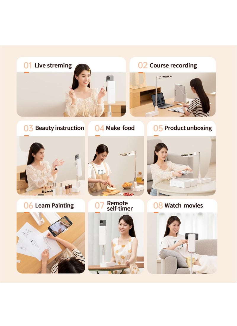 KASTWAVE - Upgrade Phone Stand for Recording,360° Rotation Overhead Phone Mount with Light,Desktop Tripod with Rechargeable 15 Brightness Canvas Lamp for  Facebook, Instagram Live, Snapchat,TikTok/YouTube (V10) - Image 1