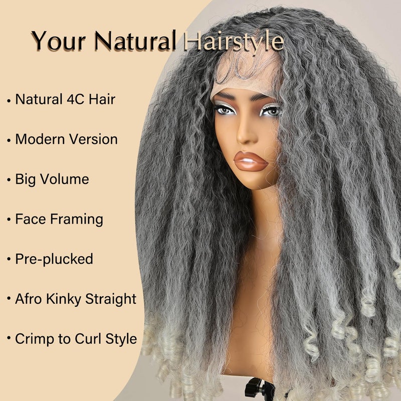 SOKU Afro Kinky Straight Lace Front Grey Wig 20 Inch T Part Salt and Pepper Wigs for Black Women Transparent Swiss Lace with Baby Hair Natural 4C Wigs - Image 4