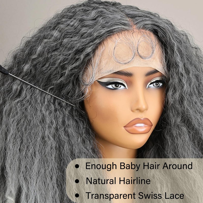 SOKU Afro Kinky Straight Lace Front Grey Wig 20 Inch T Part Salt and Pepper Wigs for Black Women Transparent Swiss Lace with Baby Hair Natural 4C Wigs - Image 5