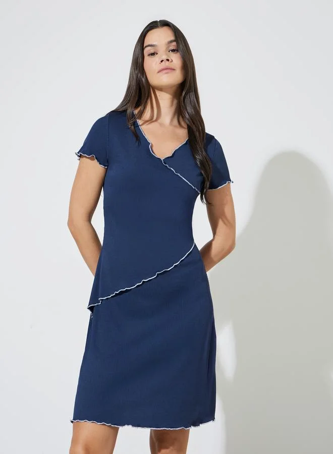 Styli Navy Blue Rib Contrast Lettuce Trim Wrap Over Nightdress
