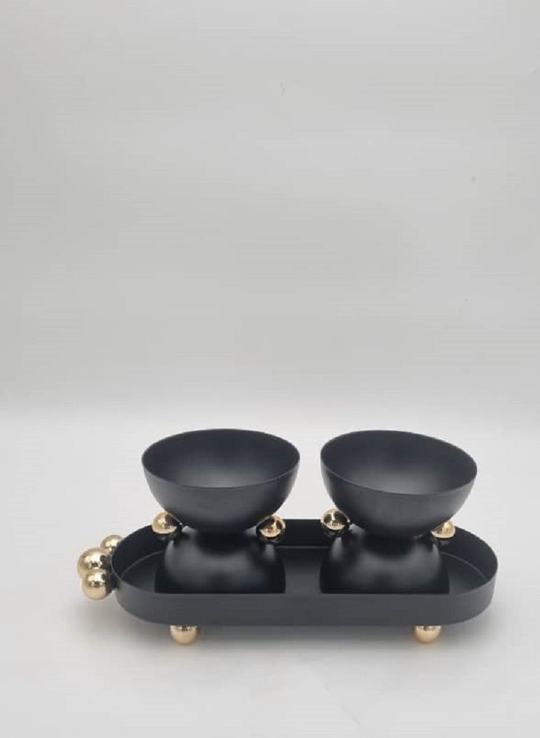 Black serving plate with 2 bowls