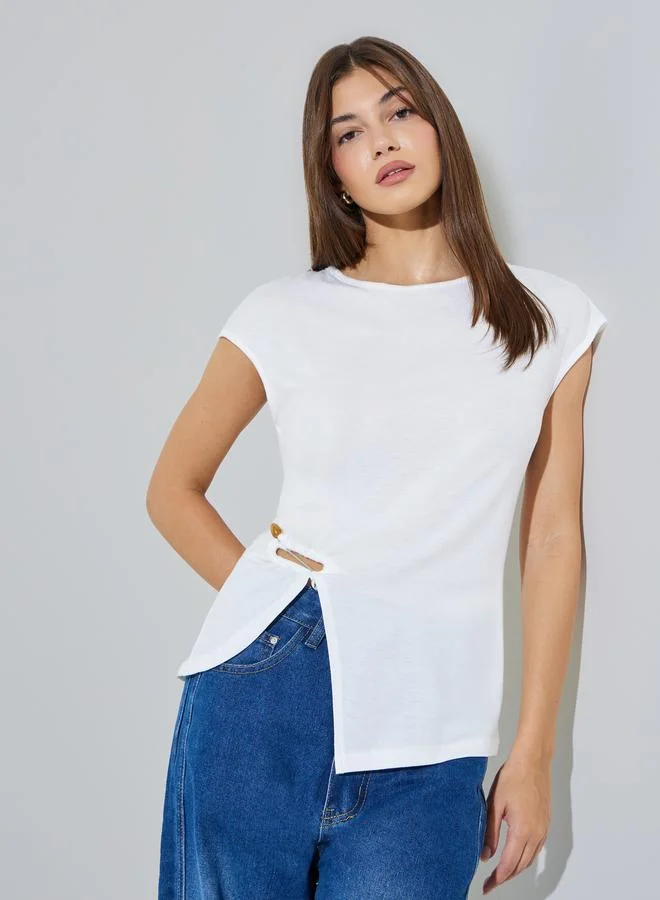 Styli White Irregular Hem Buckle Detail Wrap Top