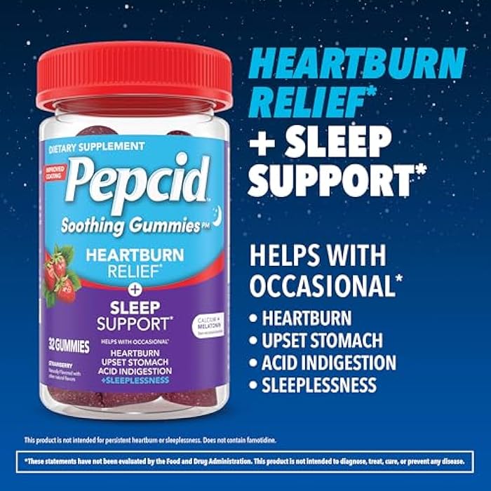 Pepcid Soothing Gummies, Heartburn Relief + Sleep Support Gummies Help Occasional Heartburn, Upset Stomach, Acid Indigestion + Sleeplessness, Calcium & Melatonin, Strawberry, 32 ct - Image 3