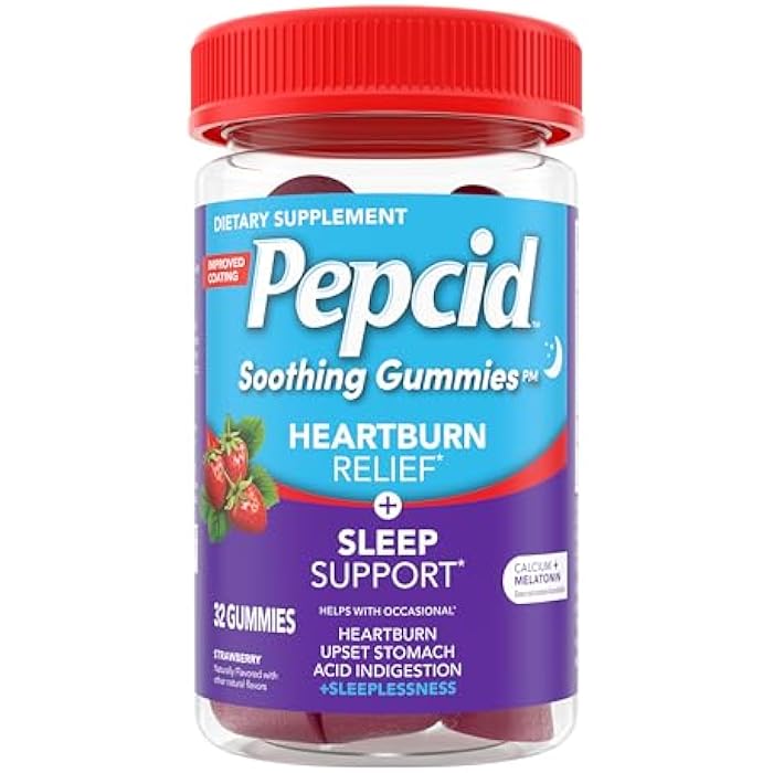 Pepcid Soothing Gummies, Heartburn Relief + Sleep Support Gummies Help Occasional Heartburn, Upset Stomach, Acid Indigestion + Sleeplessness, Calcium & Melatonin, Strawberry, 32 ct - Image 1
