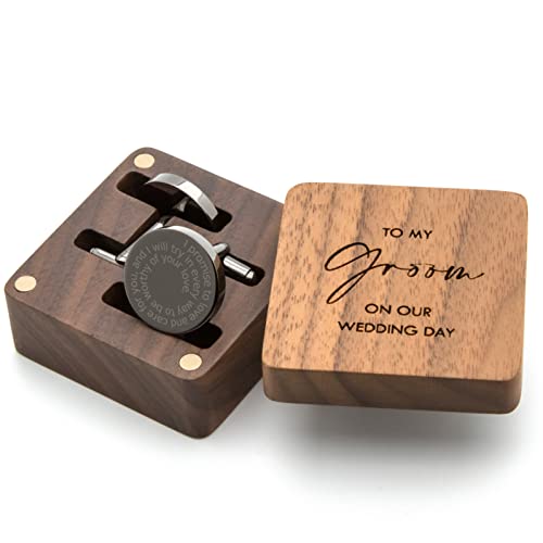 MUUJEE Cufflinks with Engraved Wood Gift Box - To My Groom on Our Wedding Day Mens Unique Fiance Gift from the Bride or Wife for Future Husband on Marriage Ceremony Premium Stainless Steel - Image 1