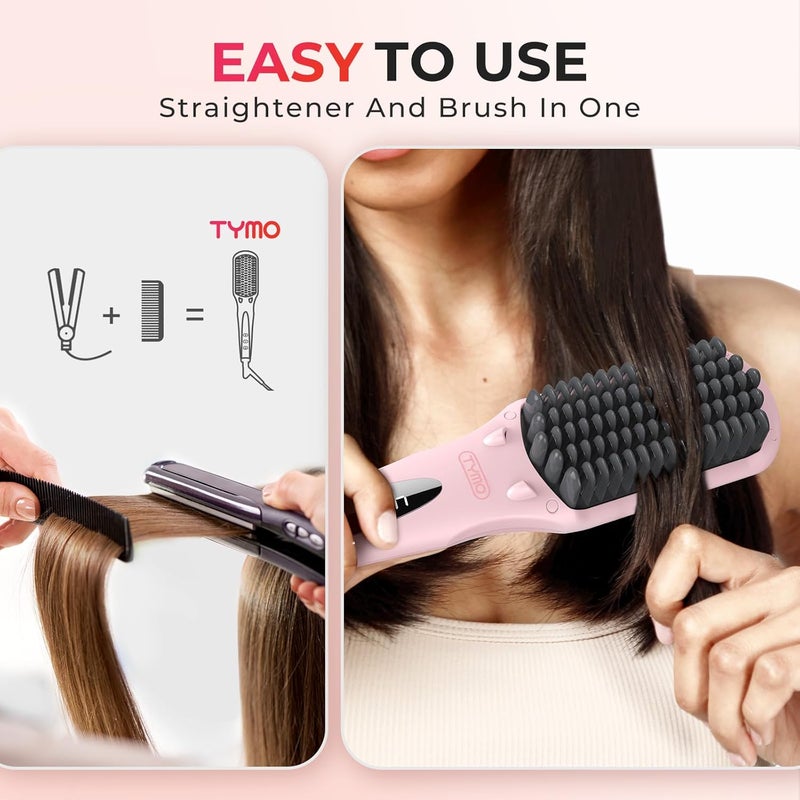 TYMO Ionic Hair Straightener Brush - Straightening Comb with 10M Negative Ions, 25s Heat-up, 16 Temps, Dual Voltage, LED Display | Ceramic Hot Comb Hair Brush Straightener for Women, Pink - Image 2